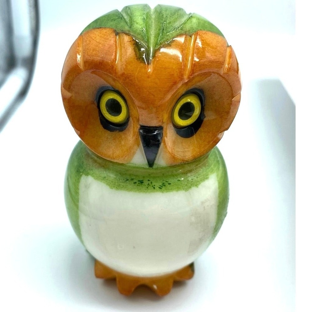 Vintage‎ Alabaster Owl Figurine Ducceschi Italy Hand Carved 4"MCM orange green